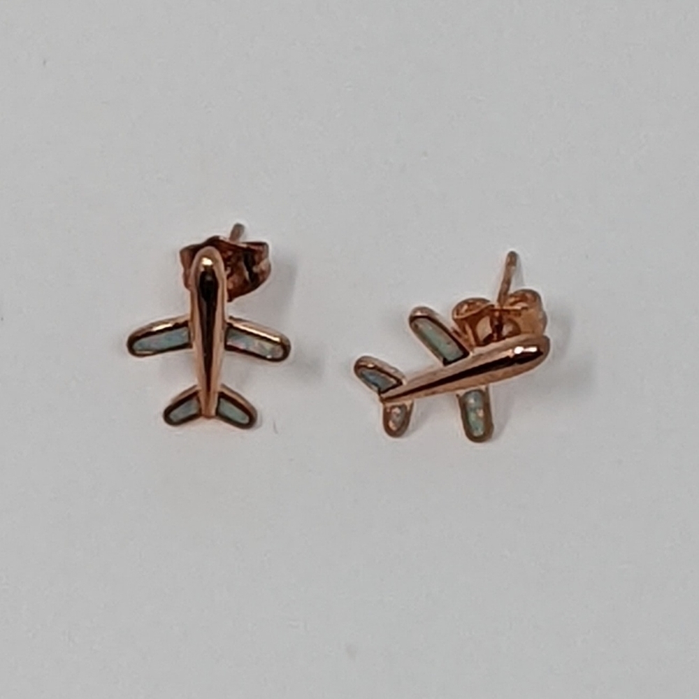 Airplane rose gold 925 sterling silver with opal details stud earrings